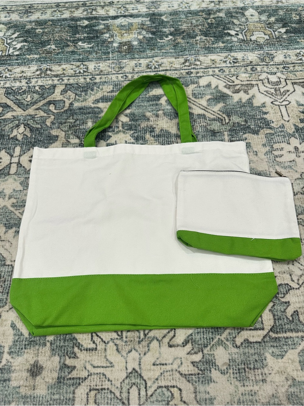 White Canvas Tote with Lime Green Trim and Matching Pouch
